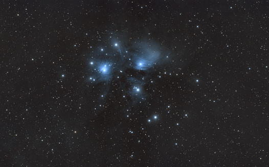 The Pleiades M45 Nebula in the night sky