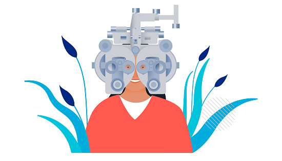 Optometry Machine Drawing Ophthalmology Eye Test And Prescription Glasses Female Has Eye Test Use ...