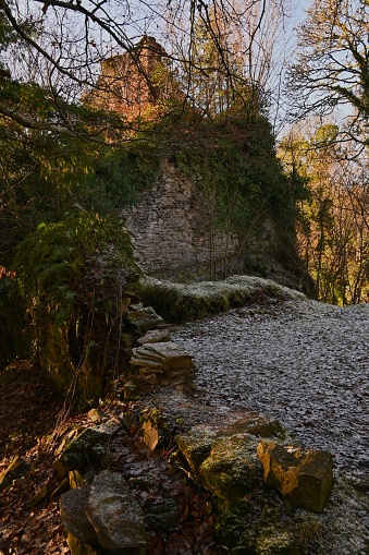 A view of the ruins of Corra Castle among the woodland surrounding the falls of Clyde in Lanarkshire in Scotland.