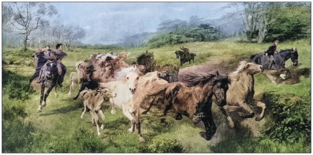 Antique dotprinted photo of paintings: Animals outdoor