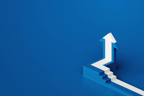 istock White arrow pointing up with step stair on blue background,business way, 3d rendering 1937111258