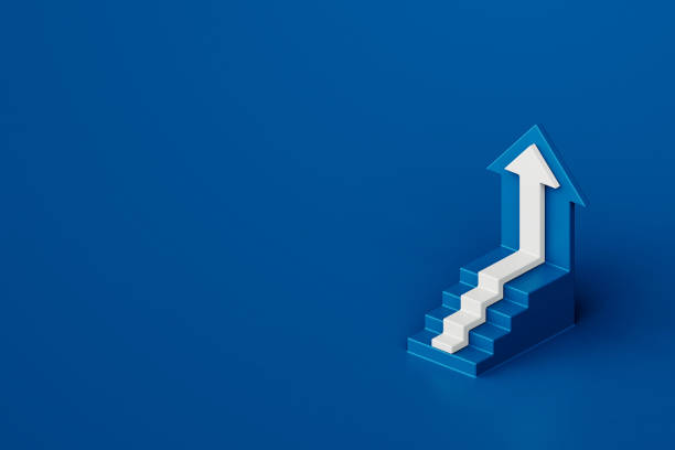 istock White arrow pointing up with step stair on blue background,business way concept, 3d rendering 1937111265