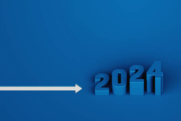 White arrow on floor blue background with 3d text 2024,business way concept, 3d rendering