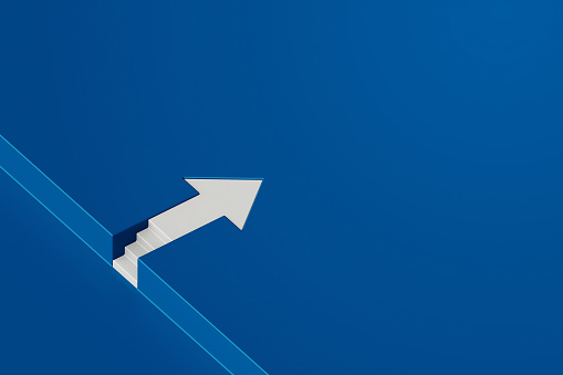 White arrow with step stair on blue background, business way concept, minimal style, 3d rendering