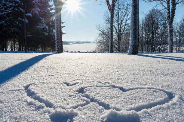 istock hand drawn couple heart shape in the fresh snow.Blurred sunlight park forest trees background. 1937113022