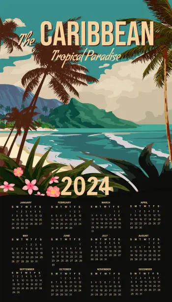 Vector illustration of Calendar 2024 Caribbean Travel wall poster tropical resort vintage