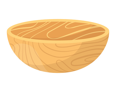 Wooden bowl empty simple design. Cartoon wood texture kitchenware vector illustration.