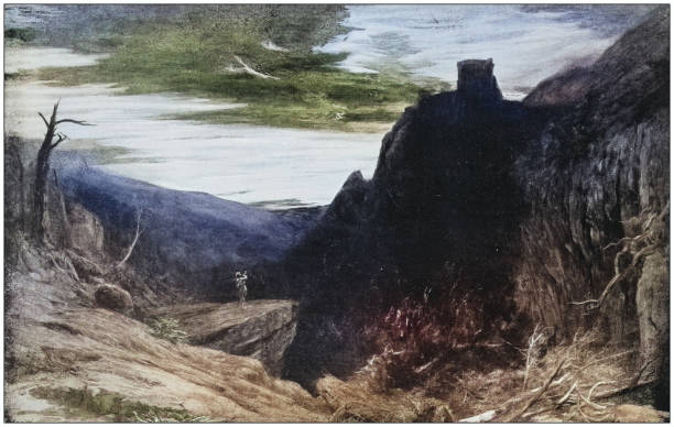 Antique dotprinted photo of paintings: Landscape with tower
