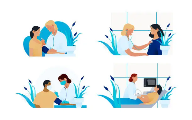 Vector illustration of Set of Modern Flat Medical Insurance Illustrations. Blood Pressure Test, Ultrasonography Procedure, Cardiac Auscultation in Medical Office.