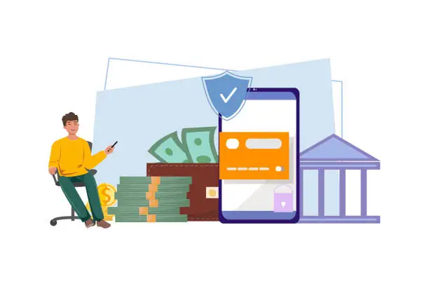Vector illustration of Young man using mobile application for online banking. Secure money transfers, blending technology and financial convenience effortlessly