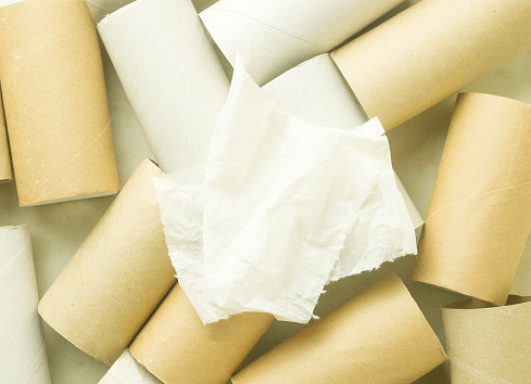Two pieces of toilet paper on background of toilet paper empty rolls, top view.