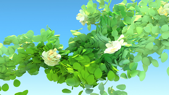 Lots on green leaves and some white flowers flying on blue sky, metaphor for sustainability or green energy, 3d render.