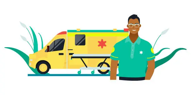 Vector illustration of Driver in Green Clothes Standing near Yellow Ambulance Transport. Emergency Evacuation. Modern Flat Vector Concept Illustration.