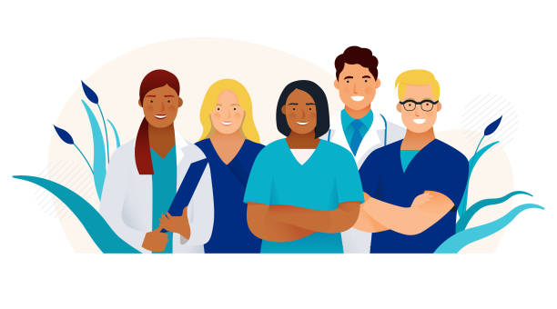 asuransi kesehatan. pekerjaan magang. ilustrasi konsep vektor datar modern. spesialis medis muda berdiri bersama, tim magang dengan latar belakang abstrak. - tenaga-kesehatan ilustrasi stok