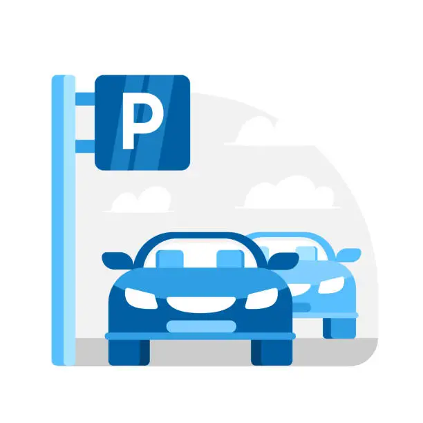 Vector illustration of Parking lot with cars and a parking sign, ideal for urban transport and city infrastructure themes