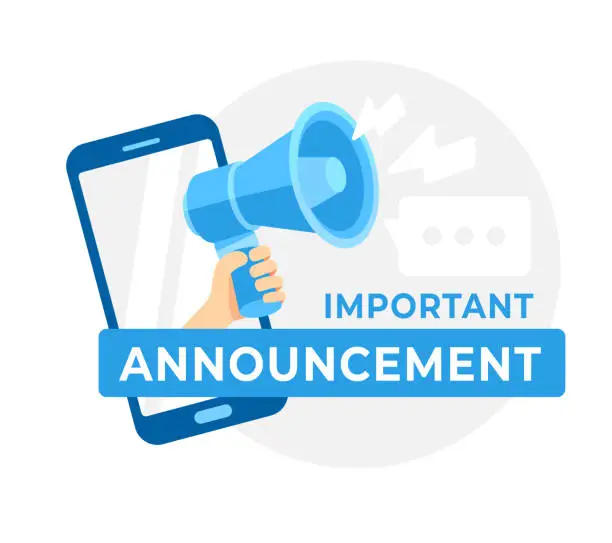 Vector illustration of Hand holding a megaphone emerging from a smartphone screen for important announcements and alerts