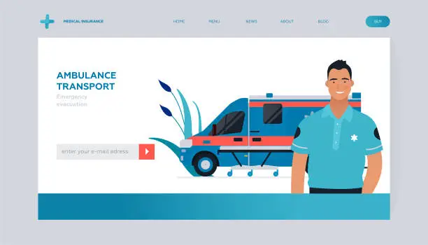 Vector illustration of Driver Standing near Ambulance Transport. Emergency Evacuation. Modern Flat Vector Concept Illustration. Insurance Landing Page Design Template. Website Banner.
