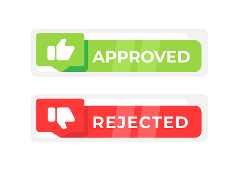 Approved and Rejected stamps in a flat design style, ideal for web approvals or rejections, quality control web elements, and digital decision-making graphics.