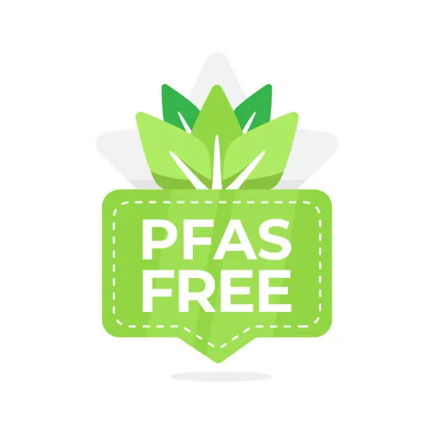 Vector illustration of Eco-friendly green badge with PFAS Free text and leaf design, ideal for product labels, packaging, and advertising materials emphasizing health and safety