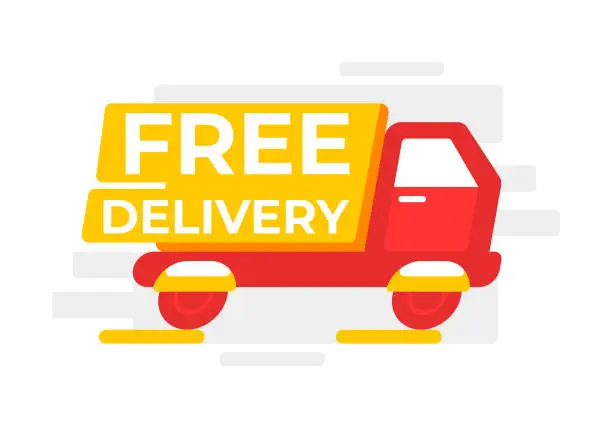Vector illustration of Eye-catching vector graphic of a delivery truck with a bold FREE DELIVERY sign, perfect for online shopping promotions, e-commerce websites, and marketing materials