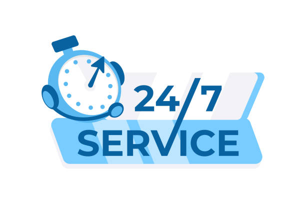 24 7 service concept with a clock and stylized text, ideal for businesses offering round-the-clock services and customer support 24 7 service concept with a clock and stylized text, ideal for businesses offering round-the-clock services and customer support. perpetual motion machine stock illustrations