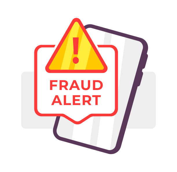 Mobile phone with a fraud alert warning sign, representing online security and the importance of vigilance in digital transactions Mobile phone with a fraud alert warning sign, representing online security and the importance of vigilance in digital transactions. suspicious message stock illustrations