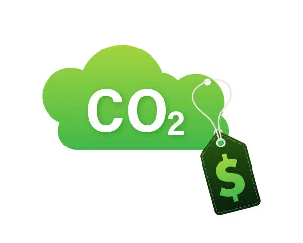 Vector illustration of Conceptual vector illustration of green cloud with CO2 text and price tag, representing the cost of carbon emissions