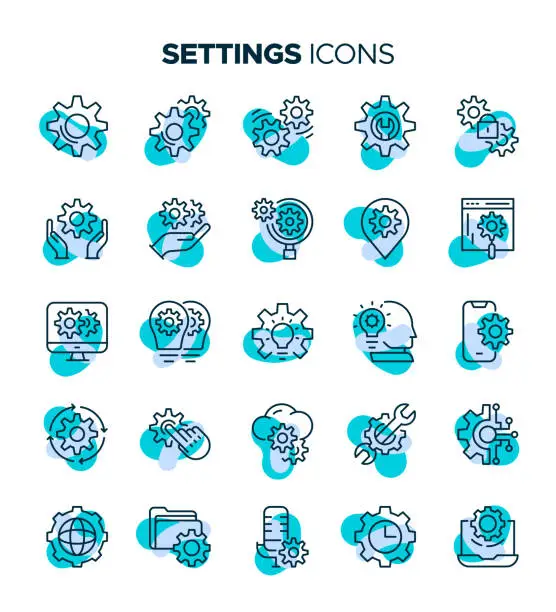Vector illustration of Colorful Settings Icon Set - Setting, Customized, Computer Software, Data, Wrench, Gear
