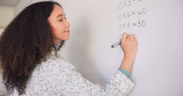 istock Teacher woman, writing and board for mathematics, study and question for education career with presentation. Female, classroom and learning expert with pen, problem or talking to students at school 1937157968