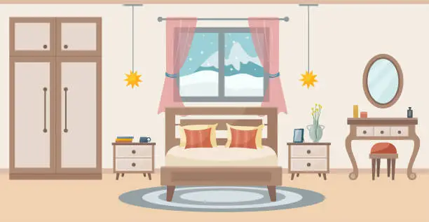 Vector illustration of Cozy bedroom. Bedroom interior: bed, dressing table with chair, carpet, potted plants, wardrobe, window with a winter view. Interior concept. Vector flat illustration.