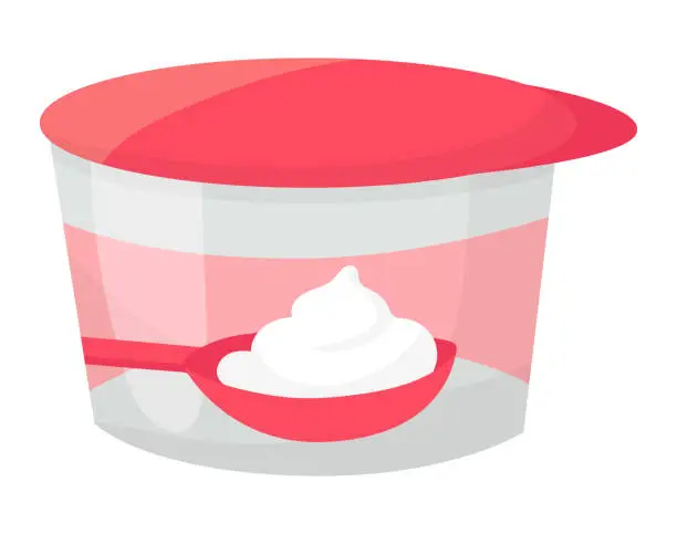 Vector illustration of Yogurt cup with spoon vector illustration. Dairy product container, healthy food theme