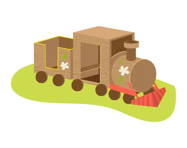 Vector illustration of Cartoon wooden toy train with colorful details on green. Children s playtime toy locomotive vector illustration