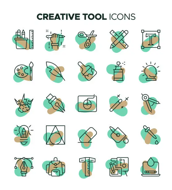 Vector illustration of Colorful Creative Tool Icon Set - Graphic Design, Creativity, Layout, Mobile App Design, Art Tools, Typography