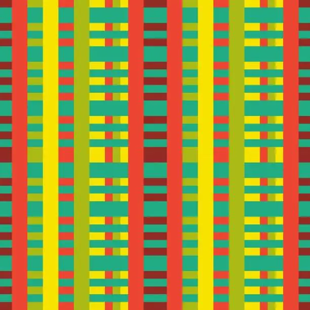 Vector illustration of Seamless abstract geometric pattern. Red, green, yellow, white. Neon colors. Vector illustration. Lines vertical texture. Design for textile fabrics, wrapping paper, background, wallpaper, cover.