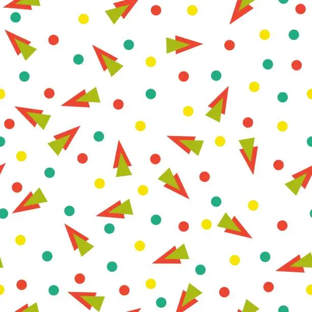 Vector illustration of Seamless abstract geometric pattern. Yellow, red, green, white. Vector illustration. Triangles, circles, dots texture. Design for textile fabrics, wrapping paper, background, wallpaper, cover.