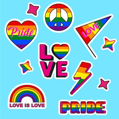 Sticker pack with different elements in the rainbow colors