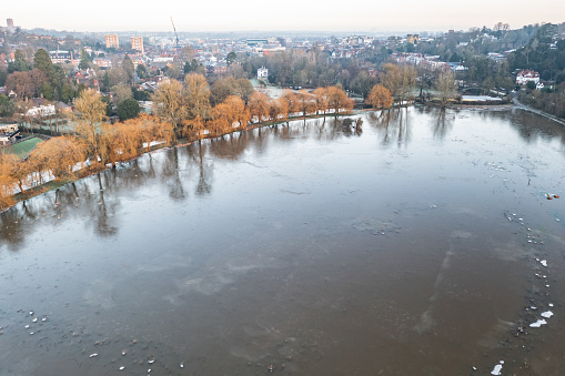Aerial view of flooded Guildford next to the River Wey Surrey England Europe