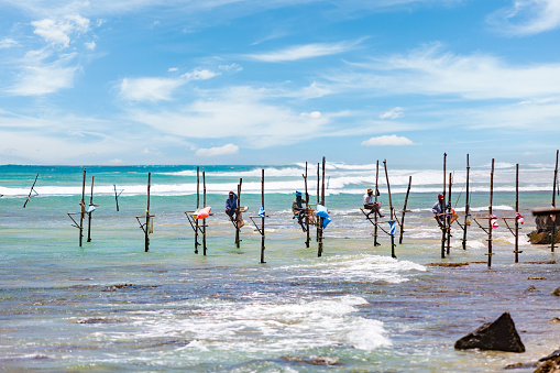 Sri Lanka - Stilt fishermen are perched on wooden poles embedded into the ocean floor, casting their lines amidst gentle waves. The clear blue sky and fluffy white clouds serve as a picturesque backdrop. In the distance, the faint outline of land is visible.
