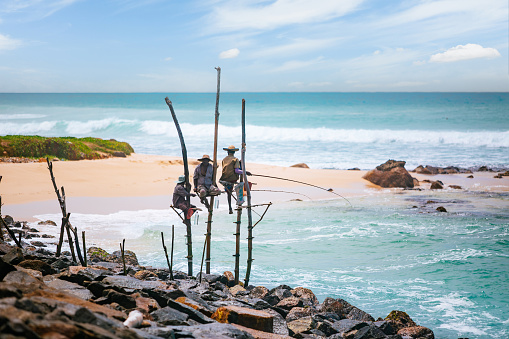 Sri Lanka - Stilt fishermen are perched on wooden poles embedded into the ocean floor, casting their lines amidst gentle waves. The clear blue sky and fluffy white clouds serve as a picturesque backdrop. In the distance, the faint outline of land is visible.