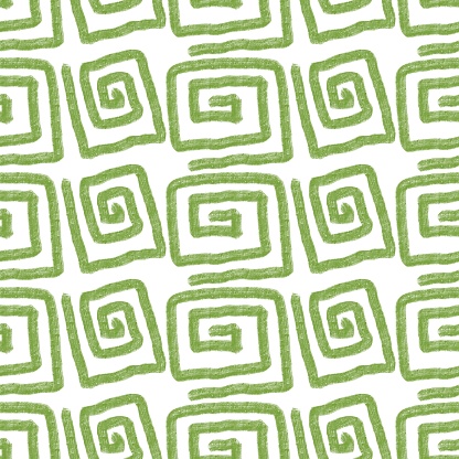 Seamless abstract geometric pattern. Simple background on green, white colors. Illustration. Abstract lines, square swirls. Design for textile fabrics, wrapping paper, background, wallpaper, cover.