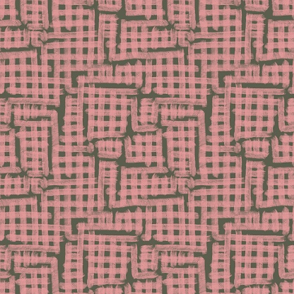 Seamless abstract geometric pattern. Simple background on khaki, pink. Illustration. Checkered texture. Lines, squares. Designed for textile fabrics, wrapping paper, background, wallpaper, cover.