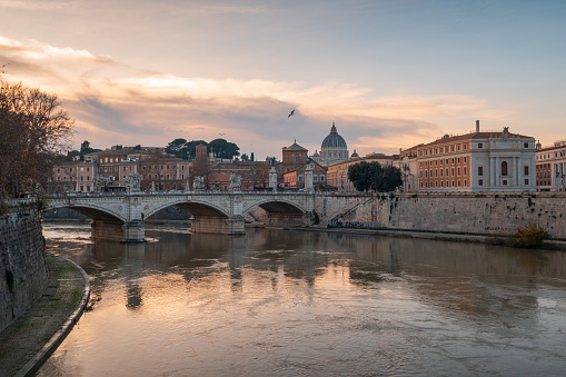 The Tiber in Rome, Italy. Black and white italian cityscape, panoramic view