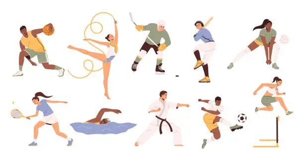 Vector illustration of Athletes set. Basketball, tennis, soccer and football, volleyball, hockey and baseball players, gymnastics, karate, hurdler runner and swimmer. Flat vector illustration isolated on white background