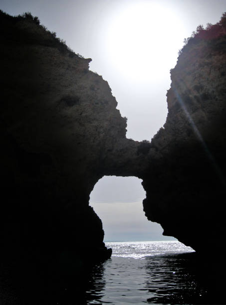 Vertical Backlight Photo of Cliffs and Natural Stone Bridge Over the Sea in in the south of Portugal in the Algarve
