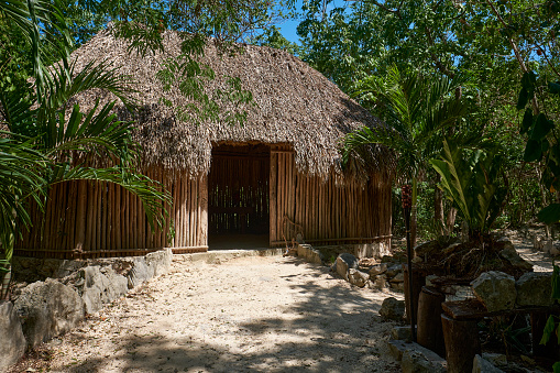 A traditional Mayan home, built with dried palms and palm wood, in the village of Dos Palmas, near Tulum, in the Riviera Maya.