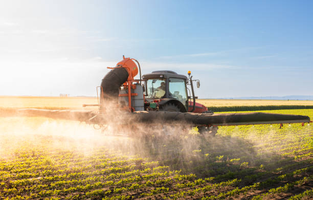 istock Tractor spraying soybean crops field 1937277878