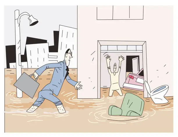 Vector illustration of insurance inspector investigates flooded city