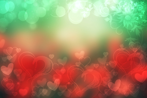 Valentines or mothers day card template. Abstract romantic illustrated red green background texture with colorful bokeh hearts and copy space. Beautiful backdrop.