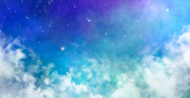 illustrazioni stock, clip art, cartoni animati e icone di tendenza di illustrazione di sfondo di cielo stellato e nuvole da favola, immagine di cielo notturno scintillante - atmosfera