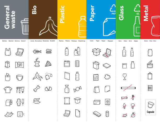 Ready sets of icons for separating trash. Vector elements are made with high contrast, well suited to different scales and on different media. Ready for use in your design. EPS10. recycled material stock illustrations